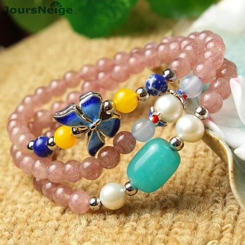 Strawberry Natural Crystal Bracelets DIY Original Design Fashion Crystal Tibetan Silver Butterfly Hand String Jewelry Wholesale