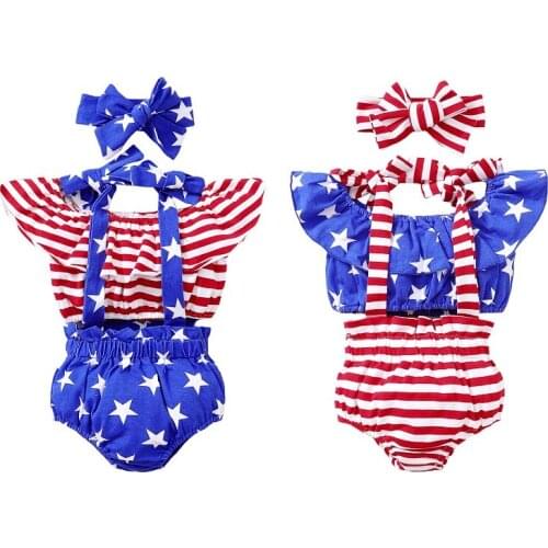 FOCUSNORM 0-18M Independence Day Baby Girl Clothes Sets 3pcs Striped Star Printed Sleeveless Crop Tops Suspender Shorts Headband