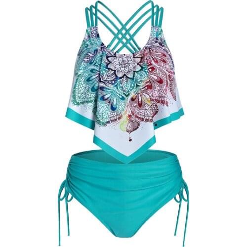 Boh Print Swimsuit Women 2 Pieces Brazilian Push-up Padded Tankini Swimsuits Women Overlay Flounce Crisscross Swimwear J6
