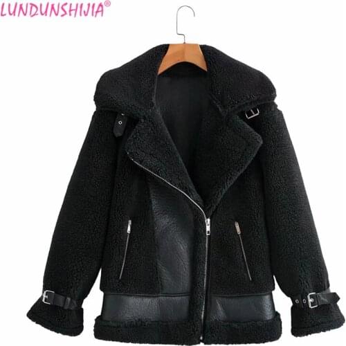LUNDUNSHIJIA 2021 Winter Warm Lamb Wool Womens Black Motorcycle Jacket Female Fur Thick Plus Velvet Beige Jackets Coat