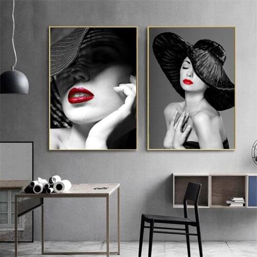 Fashion Wall Art Black White Woman Red Lips Print Sexy Female Poster Canvas Art Beauty Wall Picture Painting Modern Home Decor
