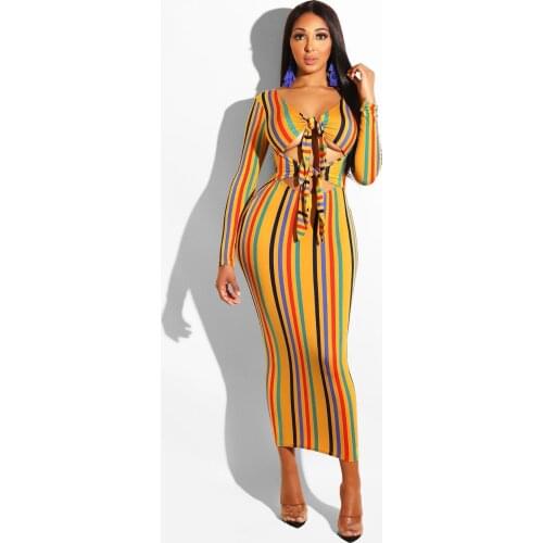 Fashion Elegant Summer Autumn Dress Women Sexy V Neck Striped Print Party Formal Long Sheath Dresses Vestidos De Fiesta Dress