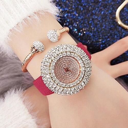 Fashion Women Quartz Rhinestone Watches Genuine Leather Watchband Strap Fully Rhinestone Lady Waterproof Wristwatch