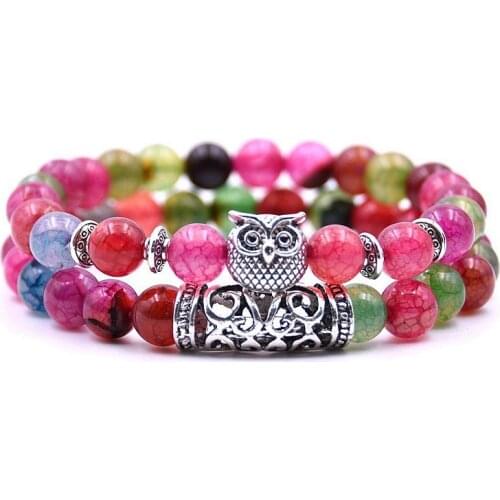 2 Pcs/Set Corful Dragon Stone Beads Mens Owl Bracelet Set pulseras hombre Classic Stone Beaded Bracelets For Women Bileklik