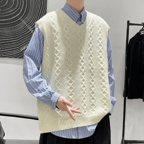2021 Sweater Vest Men V-neck Solid Simple Casual Oversize Spring Autumn Mens Vests Chic All-match Preppy Style Daily Outwear New