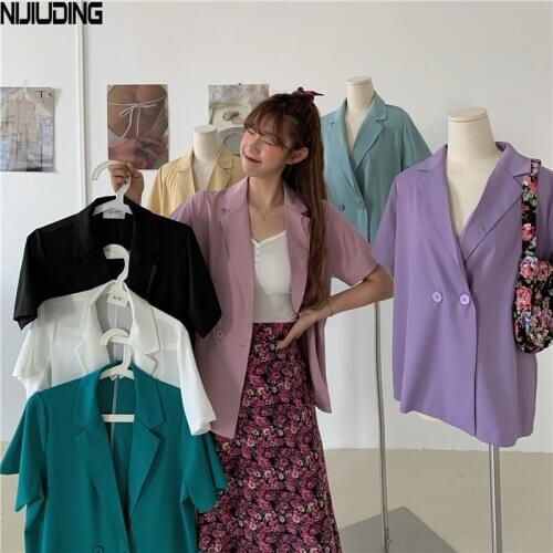 NIJIUDING Blazers for Womens 2020 Summer New Solid Short Sleeve Single Button Vinatge Notched Collar Thin Suit Coat Female