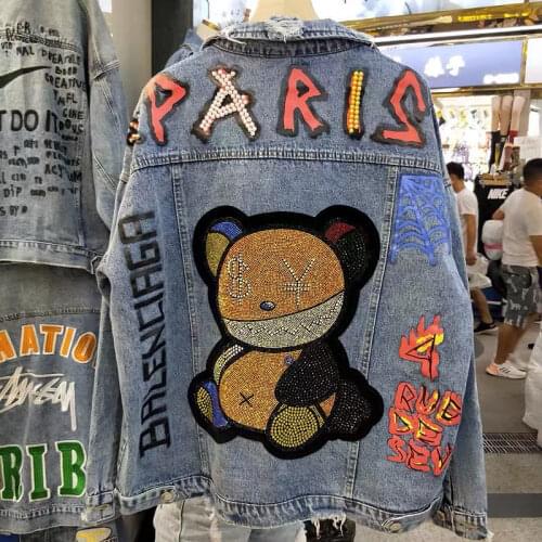 New Spring Autumn Loose Female Outwear Korea-style Mid-length Cartoon Hot Drilling Turn Down Collar Oversize Denim Jacket Coat