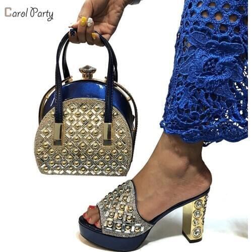 Latest Wedding African Party Italian design Ladies Shoes with Matching Bags for Wedding in Dark blue Shoe and Bag Set for Party