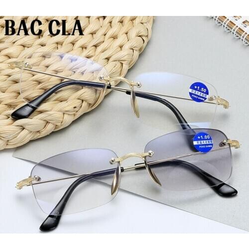Men Women Rimless Reading Glasses Bifocal Far Near Anti Blue Light Magnification Eyewear Presbyopic Glasses Diopter +150 Metal