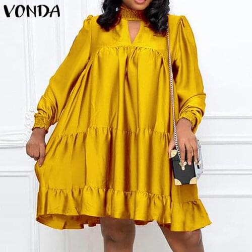 VONDA Women Elegant Party Dress Solid Long Sleeve Satin Dresses Casual Puff Sleeve Ruffled Hem Pleated Mini Vestidos Oversized