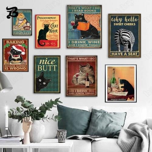 Posters Vintage Funny Cat Canvas Painting Abstract Retro Posters and Prints Wall Art Pictures for Living Room Kitchen Wall Decor
