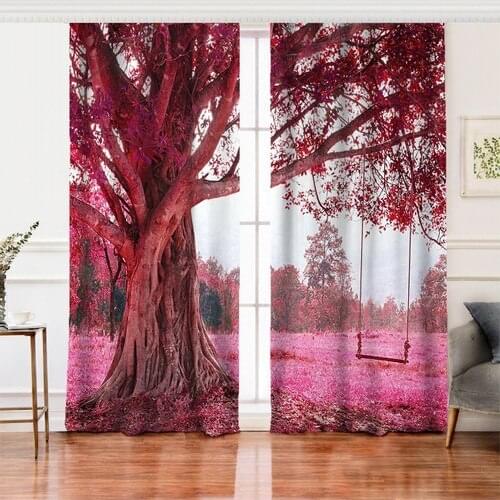 RealHomes Double Wing Tree Themed Digital Printed Living Room Backdrop Curtain