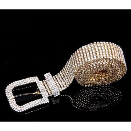 Luxury Womens Rhinestone Belt Female Bright Bride Wide Bling Crystal Diamond Waist Long Chain Belt Rhinestones Pearl Belts