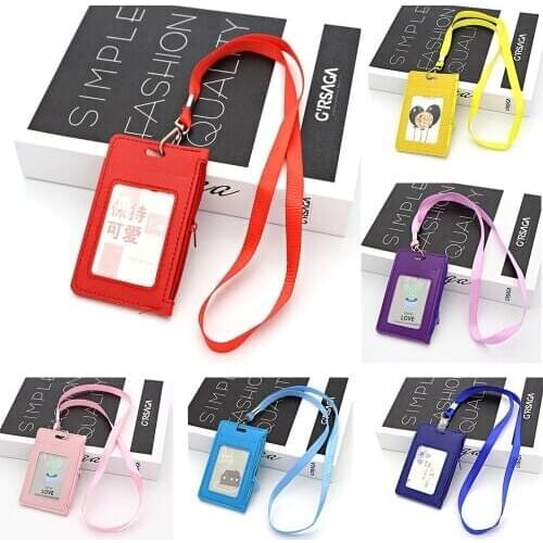 Luxury Simple Student Kids Lanyard Card Holder PU Leather Double Card Sleeve ID Badge Case Credit Card Bag for Girls