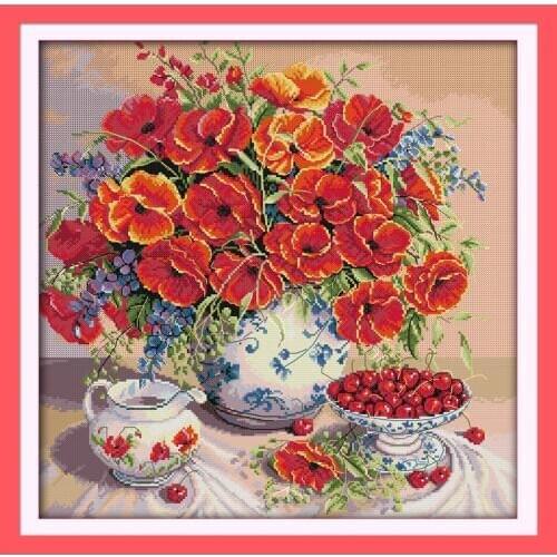 Everlasting Love Christmas Poppy And Cherry Chinese Cross Stitch Kits Ecological Cotton Stamped 11 CT New Store Sales Promotion
