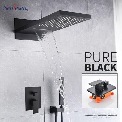 Senlesen Matte Black Mixer Shower Faucets Set Rain Waterfall Shower Head Mixer Tap Bath 3-ways Faucet