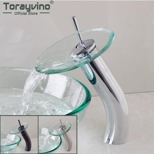 Torayvino Tempered Glass Waterfall Deck Mounted Bathroom Faucet Basin Sink Single Handle Faucets Washbasin Hot & Cold Mixer Tap