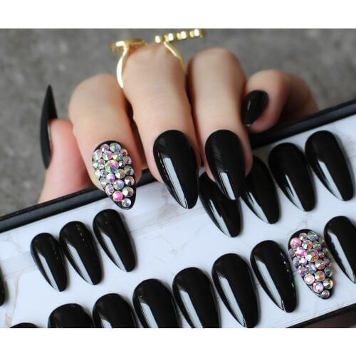 UV wedding nails Water droplets shiny glossy black false nails stiletto 28pcs full set full crystal diamonds Handmade