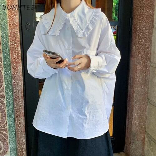 Shirts Women All Match Solid Korean Style Peter Pan Collar Tender Full Sleeve Single Breasted College Design Streetwear Vintage