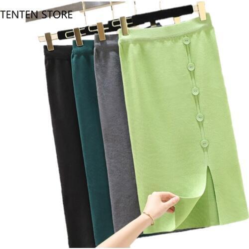 Fall winter women knitted midi skirts women high waist one size vintage mid-calf split pencil skirts with button female 4 colors