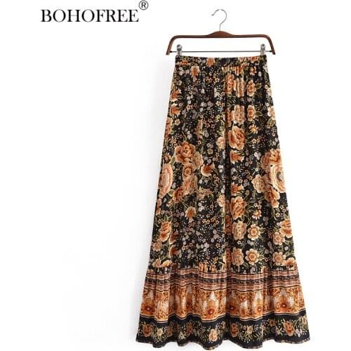 Boho Black Floral Print Maxi Hippie Skirts Rayon Cotton Fadal Elastic Waist Summer Beach Style Bohemian Womens Skirts
