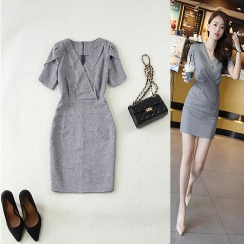 Ladies dress new spring and summer fashion OL temperament commute solid color breathable Slim V-neck gray bag hip thin dress