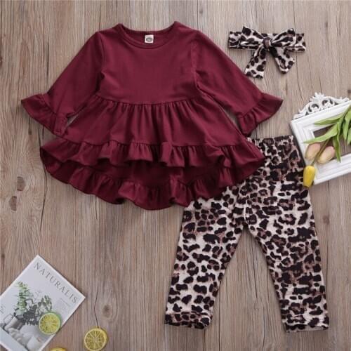 Toddler Kids Baby Girls free shipping Clothes round neck long sleeve solid pullover Tops Leopard print Pants bow Headband 3pc