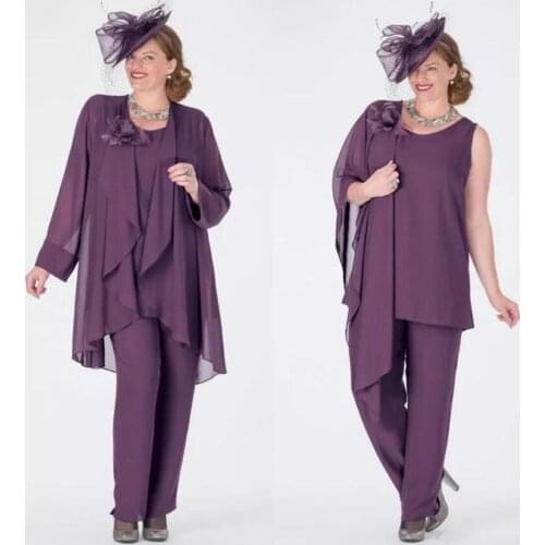 Elegant Chiffon Mother of the Bride Dresses Pants Suits Long Sleeves 3 Pieces Evening Gowns Ankle-Length Wedding Guest Dress