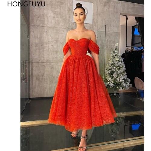 HONGFUYU Red Glitter Tulle A Line Prom Cocktail Dresses Off Shoulder Tea Length robes de soirée Women Short Evening Party Gowns