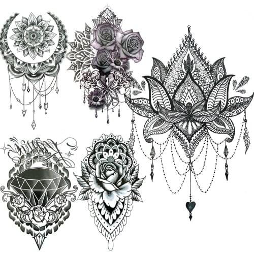 Fake Jewelry Temporary Tattoos For Women Sexy Mandala Henna Rose Flower Tattoo Sticker Geometric Diamond Pendants Tatoo Body Arm