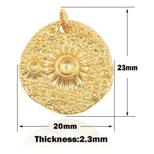 Cubic Zirconia Solid Round Coin Charm CZ Daisy Flower Bracelet Pendant Round Gold Necklace DIY Jewelry Components 23×20×2.3 mm