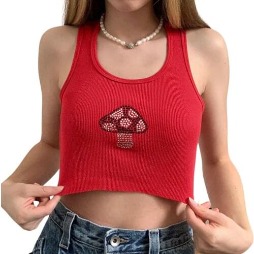 Summer Ladies Sexy U-neck Camisole, Girls Creative Mushroom Rhinestone Decoration Sleeveless Midriff-baring Top Slim Base Shirt
