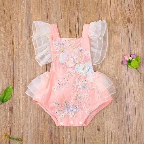 Summer Pink Lace Crocheted Jumpsuit For Newborn Girls From 0-24 Months Cute Lotus Leaf Sleeve Floral Embroidery Halter Bodysuit
