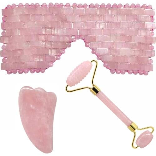 Natural Rose Quartz Jade Eye Mask Guasha Board Face Massage Roller Set Crystal Stone Cold Therapy Sleep Eye Cover Massage Tool