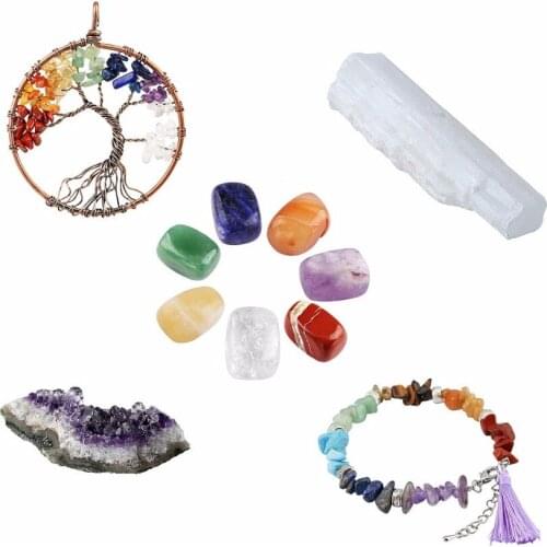 TUMBEELLUWA Healing Crystal Kit,7 Chakra Palm Stones,Amethyst Cluster,Selenite Stick,Tree of Life Pendant,Bracelet Balancing Set
