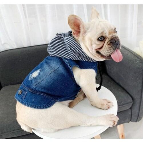 New Design Dog Denim Jacket Hooded French Bulldog Jeans Coat for Small Medium Dogs Cool Dog Hoodie Pets Costumes A189