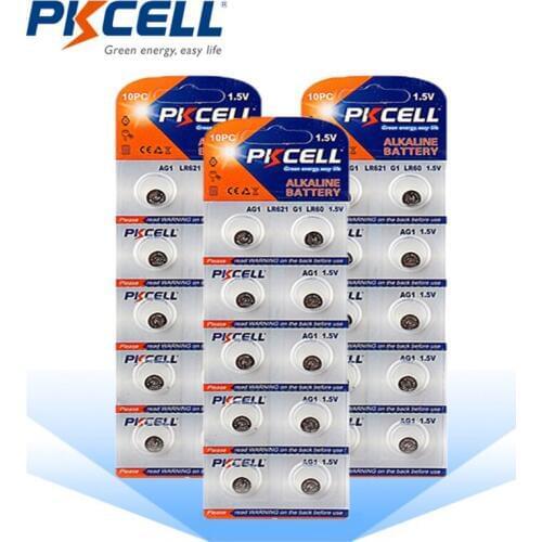 PKCELL 30Pcs/3PK AG1 Button Cell coin Batteries Alkaline Battery 1.5V LR621 SR621 164 LR621W CX60 364A for car keys calculators