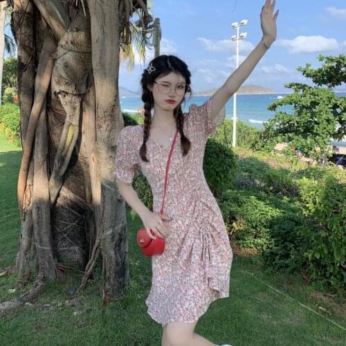 Floral Bubble Short-sleeved Dress Female Summer New Style Korean Version of The High-waisted Thin A-line Short Skirt Mini Dress