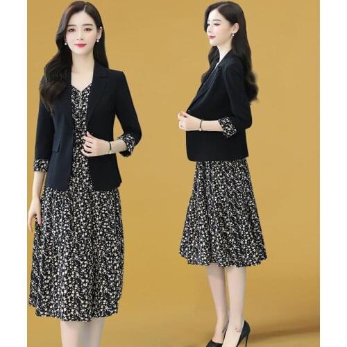 Spring Autumn Plus Size 5XL Two Piece Sets Women Dress+Suits Casual Loose Elegant Long Sleeve Printing Dresses Suit Coat X343