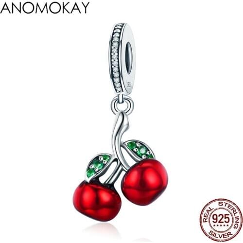 Anomokay Classic 925 Sterling Silver Red Enamel Cherry Charm Pendant fit Bracelets & Necklaces S925 Silver Fruit Bead Jewelry