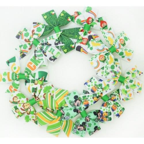 SUPWRF 10 pcs/lot 3.1" St. Patricks Day Clover Girls Bows Clips hair bow Printed ribbon Kids Hair Accessories MIX T0929