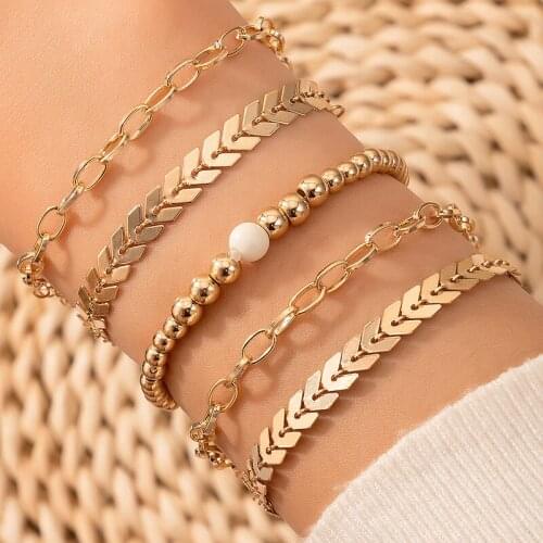 Tocona 5pcs/sets Charms Beaded Bracelets for Women New Trendy Gold Color Leaf Geometry Alloy Metal Adjustable Jewelry 15774