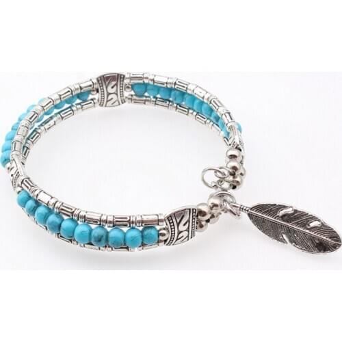 Classic Style Silver Plated Alloy Angel Wing with Green Turquoises Stone Round Beads Bracelet Charm Jewelry