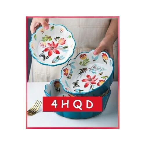 Spring Cute Green Plants He Ceramic Bowl Tableware Fruit Salad Bowl Dessert Bowl Lace Bowl Breakfast Meal Bowl