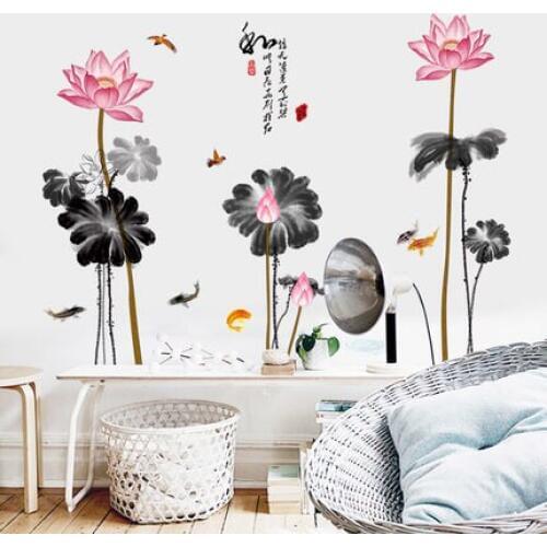 DIY Large 125*135cm Chinese Style Lotus Vinyl Wall Sticker Living Room Home Decoration Study Room Decor Poster