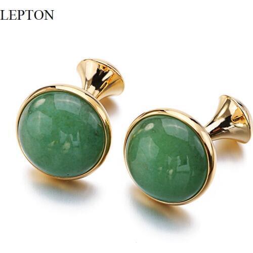 Lepton Opal Cufflinks for Mens Gold Color Low-key Luxury Round Green Aventurine Stone Cuff links Business Wedding Cufflink