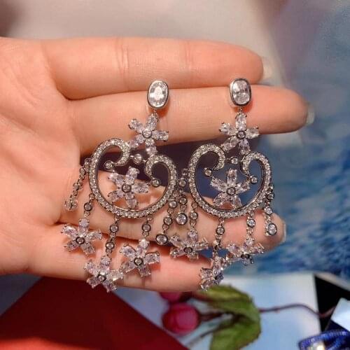 Trendy flower shape dangle Earrings For Women Accessories Full Cubic Zirconia Earrings Jewelry pendientes mujer moda E9356