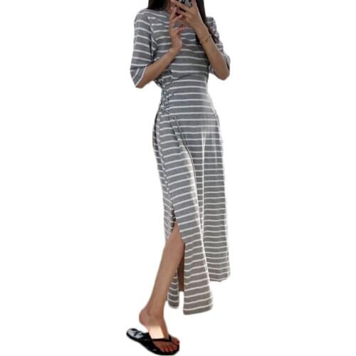 Long Striped T-shirt Dress Women 2021 New Summer Korea Bandage Waist Short-sleeved T-shirt Dress Split Maxi Dress NS2680