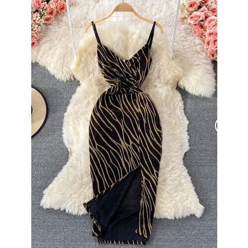 Sexy Spaghetti Strap Dress Women Elegant Zebra Stripes Party Bodycon Vestidos Female Summer V-Neck Split Robe 2021 New Fashion
