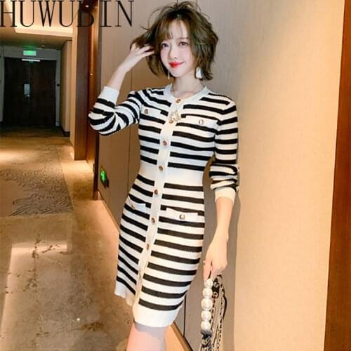 2021 Spring And Summer New Fashion Round Neck Contrast Stripe Single Breasted Stretch Slim Knit Dress For Women Dress